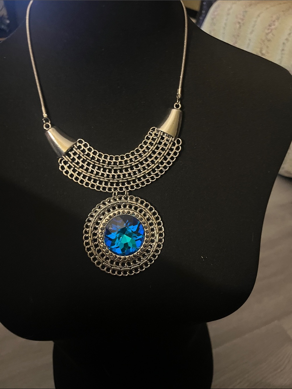 Silver TONE Statement Necklace with Blue Crystal Pendant